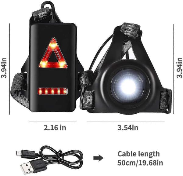 Løbelygte, 3 tilstande USB genopladelig kropslygte med baglygte