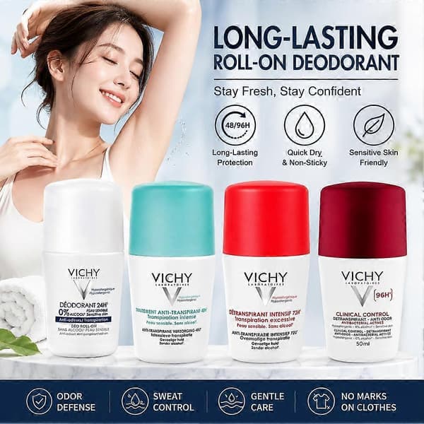 VICHY Deodorant Roll-On - 48 timers langvarig og usynlig beskyttelse White for 24 hours