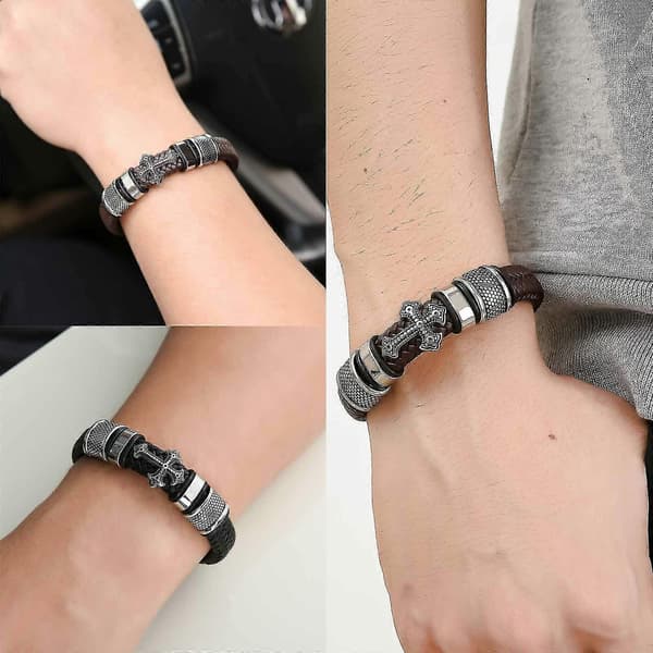 Punk Charm Rustfrit Stål Til Kors Læderarmbånd Mand Charm Sort Vævet Armbånd