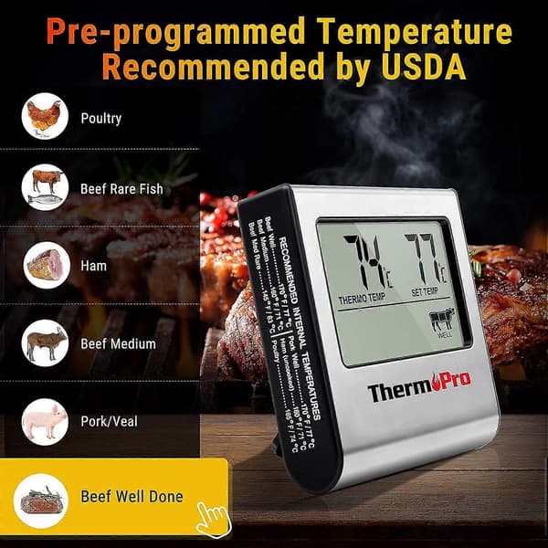 Tp16 Digital Kötttermometer Med Stor LCD-Display För Rökugn Kök Godis BBQ Grilltermometer Med Timer Och Rostfritt Stål Tempe