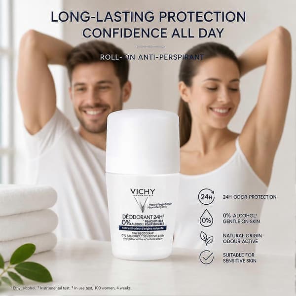 VICHY Deodorant Roll-On - 48 timers langvarig og usynlig beskyttelse White for 24 hours