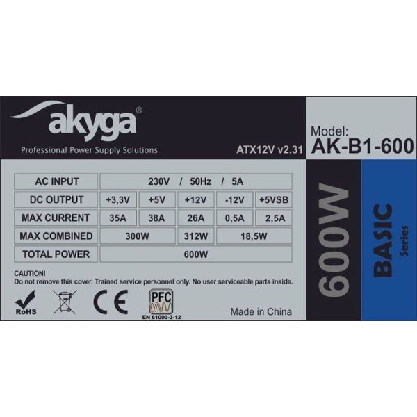 Akyga AK-B1-600 nätaggregat 600 W 20+4 stift ATX ATX Grå