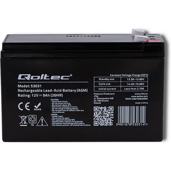 Qoltec 53031 AGM batteri | 12V | 9 Ah | max 135A
