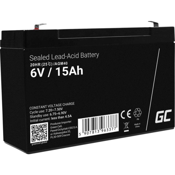 Green Cell AGM40 UPS-batteri förseglad blysyra (VRLA) 6 V 15 Ah