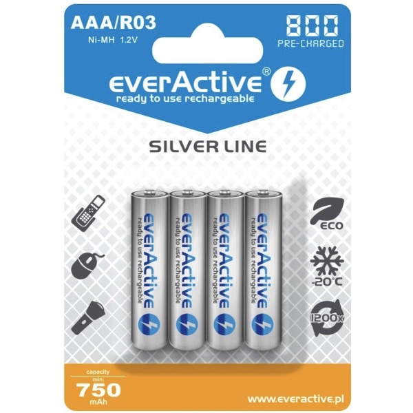 Genopladelige batterier everActive Ni-MH R03 AAA 800 mAh Silver Black