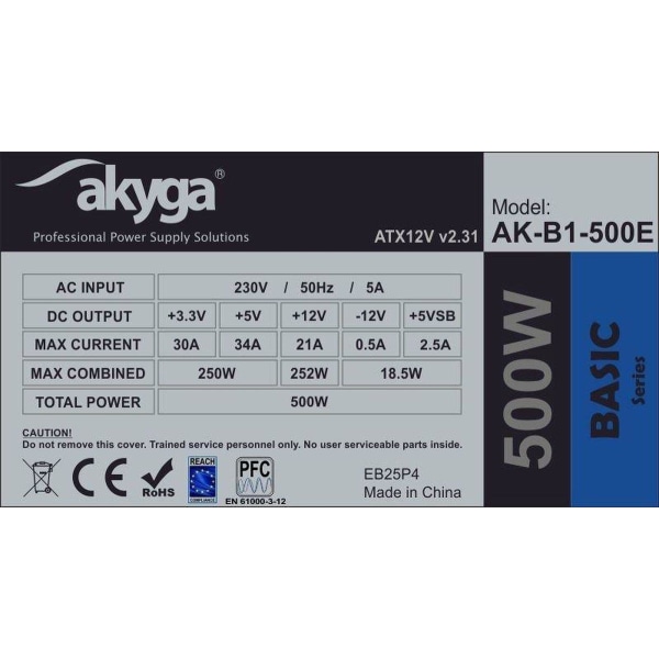 Akyga AK-B1-500E nätaggregat 500 W 20+4 stift ATX ATX Grå