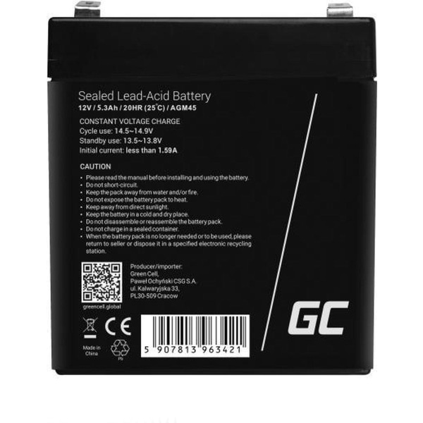 Green Cell AGM45 UPS batteri förseglad blysyra (VRLA) 12 V 5,3 A
