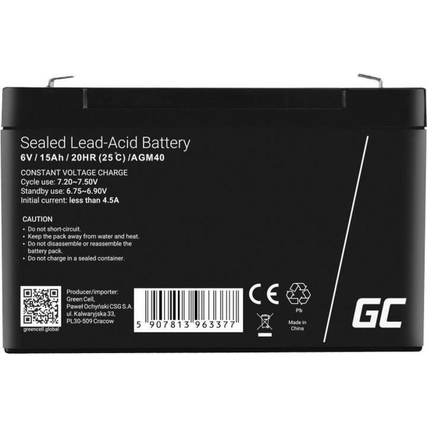 Green Cell AGM40 UPS batteri Forseglet blysyre (VRLA) 6 V 15 Ah