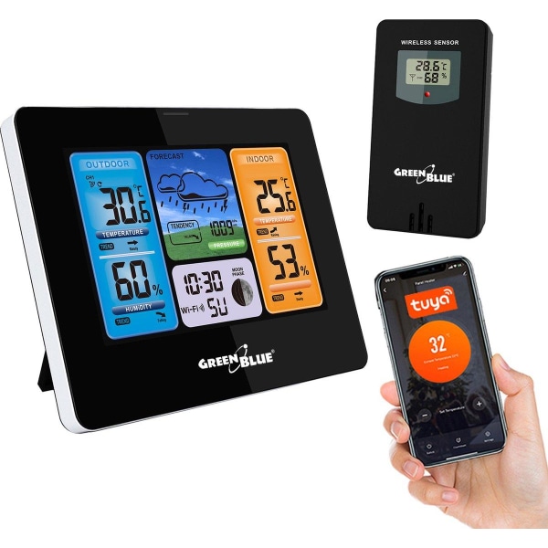 Trådløs WiFi Vejrstation Udendørs Sensor Kalender Barometer Tuya Black