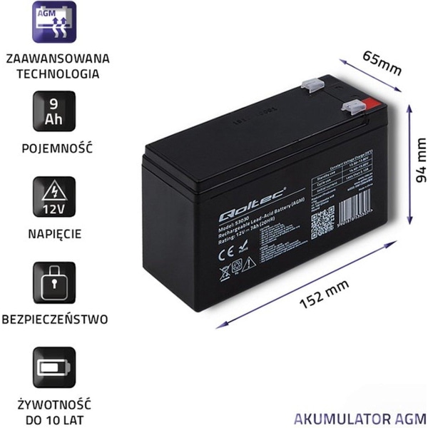 Qoltec 53031 AGM batteri | 12V | 9Ah | max 135A