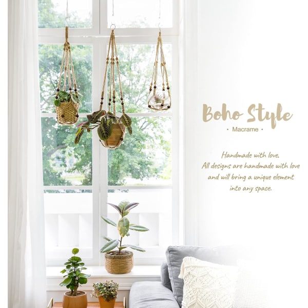 Macrame Växthängare Inomhus Hängande Planterkorg med Träpärla