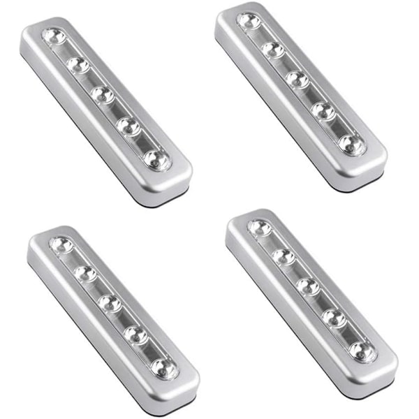 Pakke med 4, DIY-stickmonterede 5 LED berøringslamper, batteridrevet