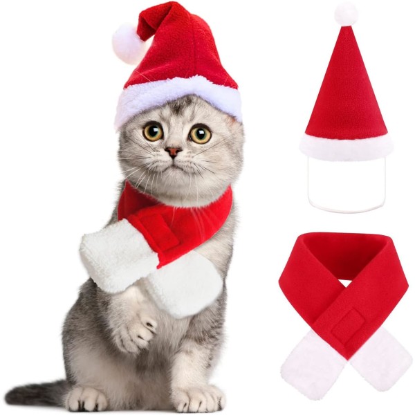 2 stk. Julekostyme for katt, julehatt med skjerf
