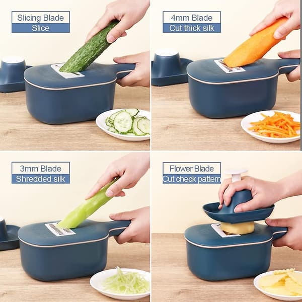 Vegetabilsskivare med 4 utbytbara blad och behållare (blå)
