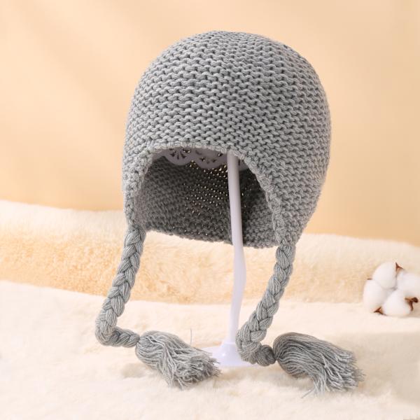 Stickad Bebis Pälsbollkeps Justerbara Flätor Öronmuffar Plus Fleece