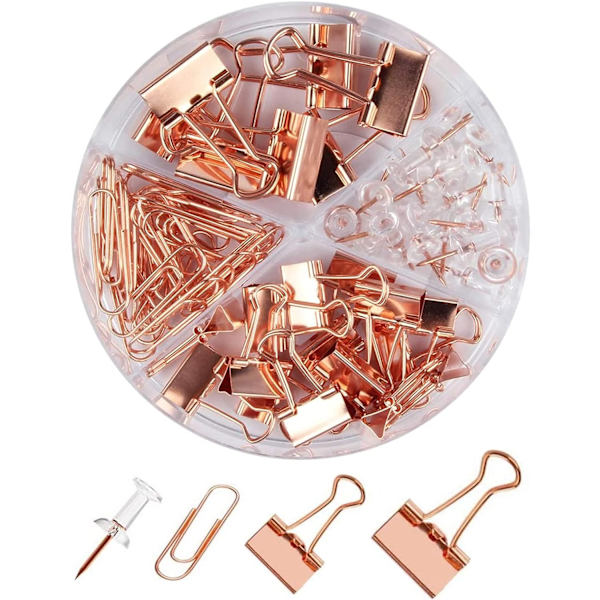 Roseguld Assorterede Binderclips, Papirclips, Push Pins Sæt, Holdbar