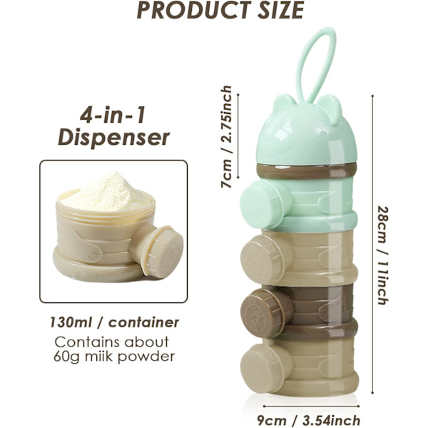 (Grøn) Baby Dispenser med 4 Rum - Mælkepulverdispenser til Baby
