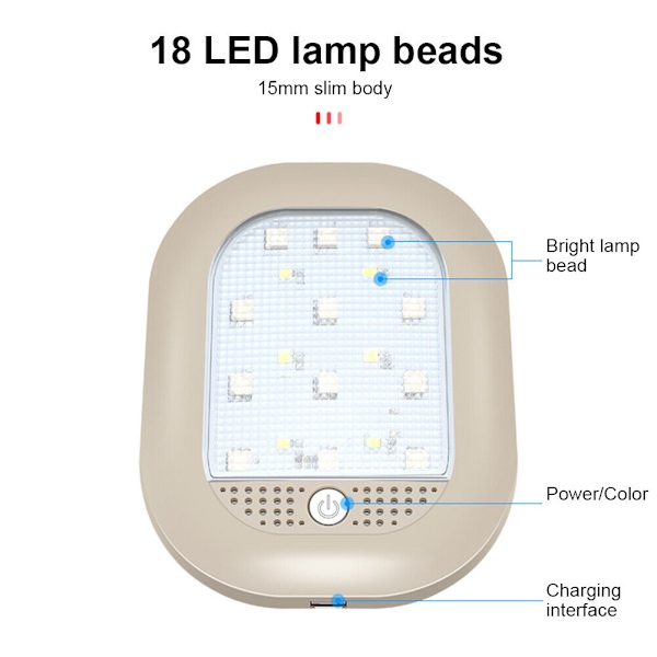1 stk grå USB-ladbart LED-leselys for bil, interiørtak, Ni