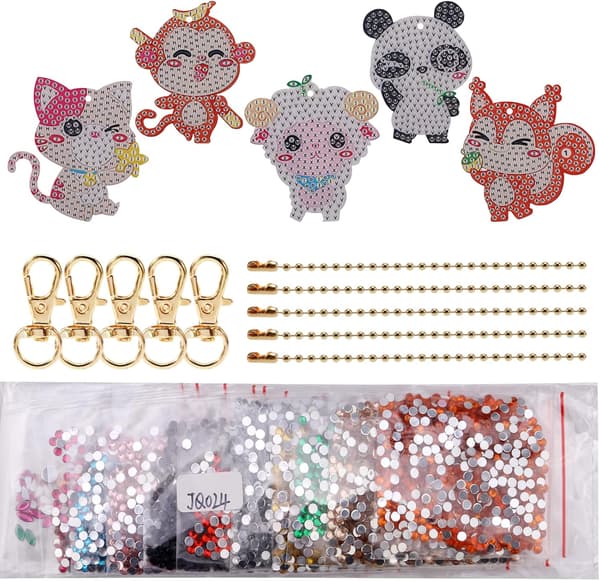 5 Stykker 5D Diamantmaleri Nøgleringe, Panda Abe Får Squ DXGHC