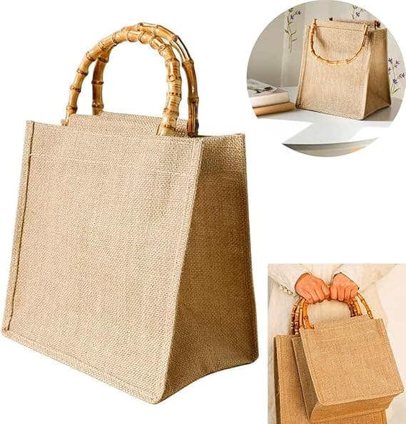 Jute handlepose, strandpose med bambushåndtak, gjenbrukbar jute