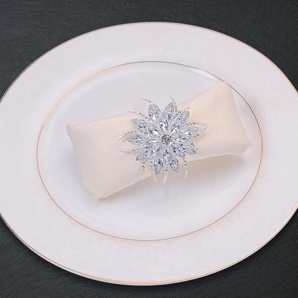 Sølv servietringe Sæt med 12, Luksus Rhinestone Crystal Flower S