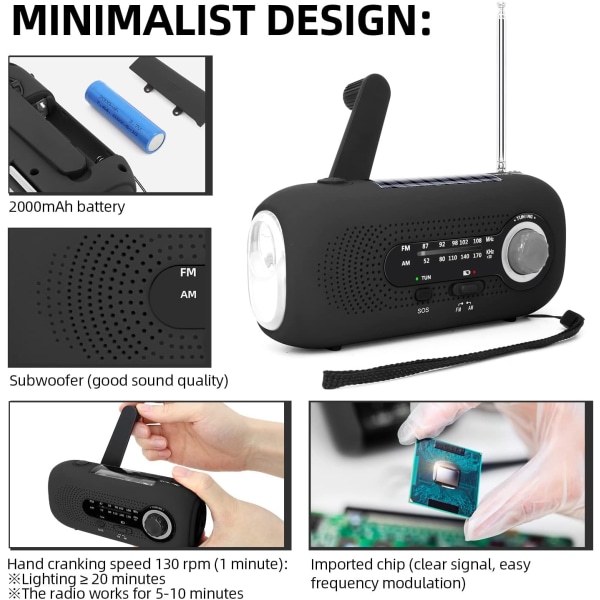 （Musta）Aurinkoenergiainen Kannettava Radio, Dynamo Radio, Aurinkoenergiainen Radio SOS-toiminnoilla