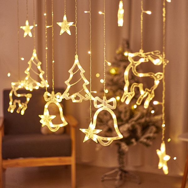 LED-julkulor med tre gardinlampor, julgran, klocka d