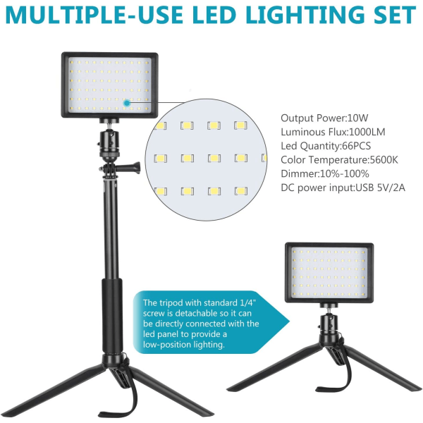 2 stk. Dimmbare 5600k USB LED Videolys med Justerbar Stativ