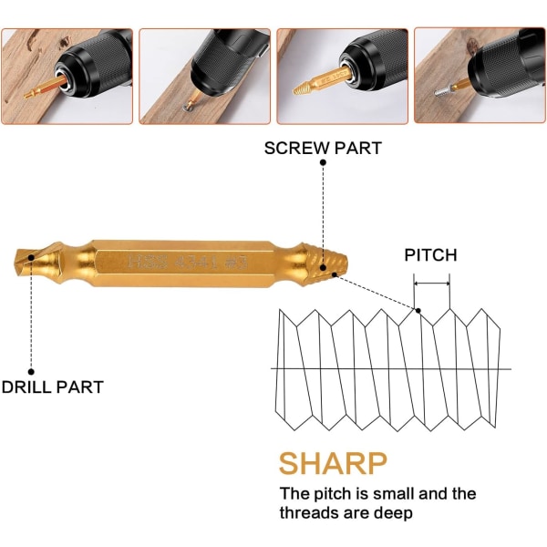 5 stk. Skrueudtrækningsværktøjer, Beskadigede Skrueudtrækningsværktøjer, Fremstillet af HSS