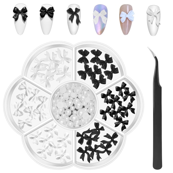 Butterfly Bow Pearl Nail Charms 3D Black White Nail Charms for Ac