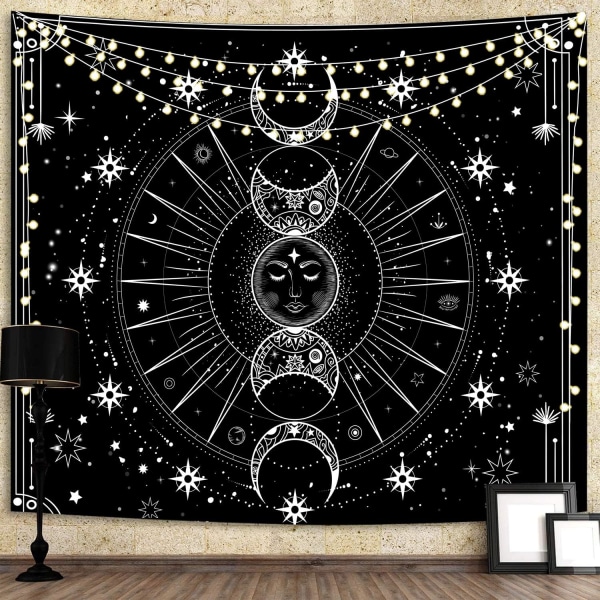 Sun Moon Tapestry Hängande Sun and Star Space Illusorisk Svart an