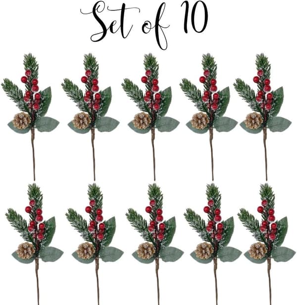 Julefuru Snødekte Blomsterpinner 10 Stykker - Snøfarget Rød Misteltein