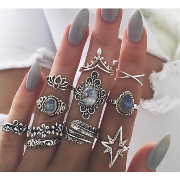 11st Vintage Kvinnors Boho Crystal Ring Silver Joint Knuckle Ring