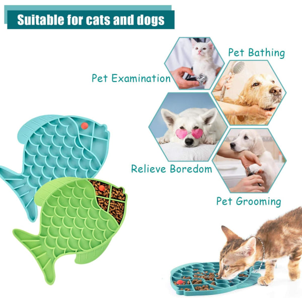 Kattenslowfeeder, 2-pakning Fiskeformet Kattenslikkematte for Katter og Hunder, Kattens Puslespillmater, Morsom Alternativ