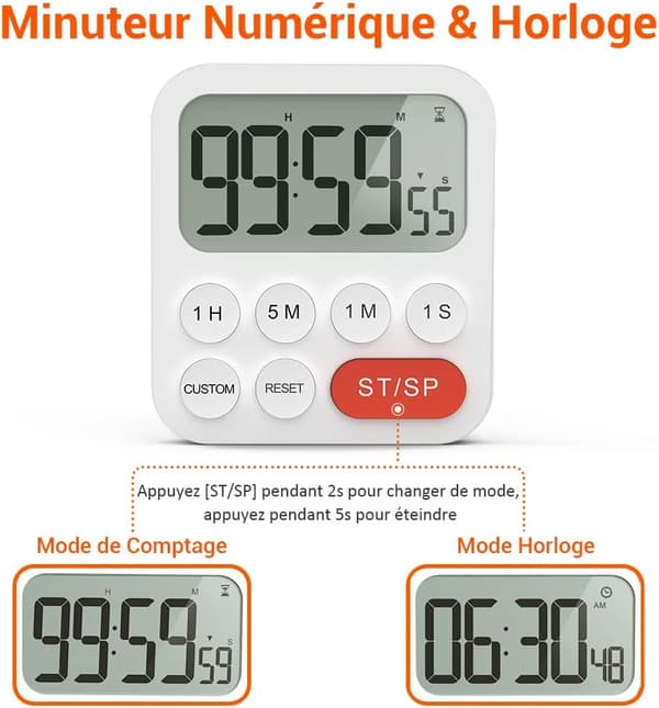 Køkken Timer - 2 stk., Timer med Digital Urfunktion, Hurtig Indstilling