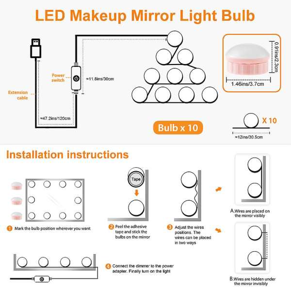 10 polttimoa Led meikkipeilivalo USB Kosketushimmennettävä mekko