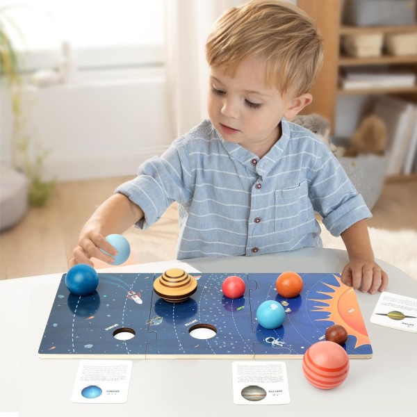 Trämodell av Solsystemet, Montessori Leksaker Planetpussel Vetenskap STEM Rymdutbildning för Barn 4-8 med 3D-planeter