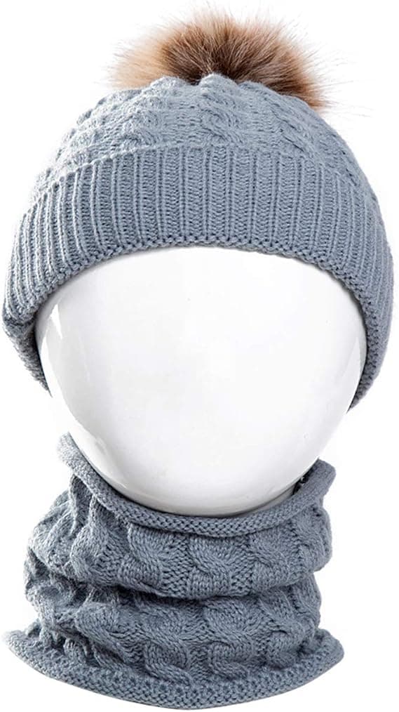 2 stk. Strikket lue og skjerf til småbarn, vintervarm beanie med pompom