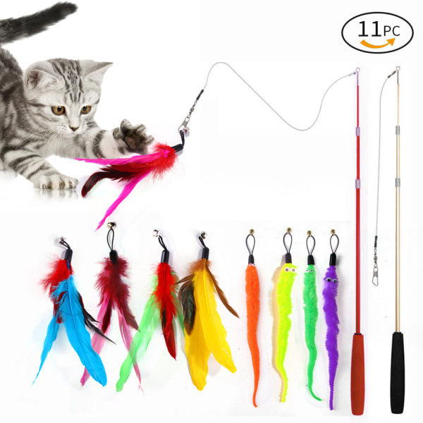 11 PCS Cat Feather Toy, with 2 PCS Interactive Retractable Stick,