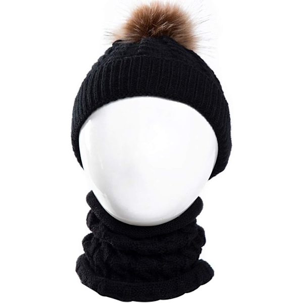 2-pack Bebis Stickad Mössa Halsduk Vinter Varm Beanie Med Pompom
