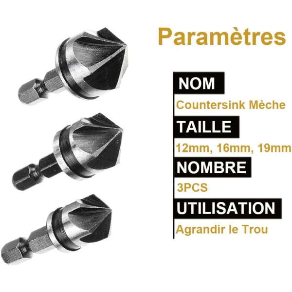 3 st 1/4\" Hex HCS Countersink 5-kantiga Borr för Counters DXGHC