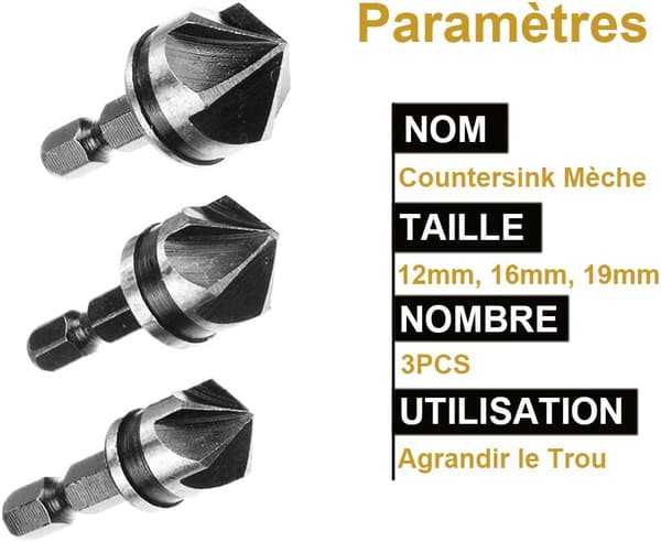 3 stk 1/4\" Hex Chamfer Cutter 5 Fløyte Bor Bits Senk