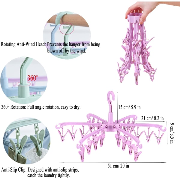 1 kpl Pinkki Taitettava Vaateteline 24 Klipsillä Sukkien Kuivaamiseen