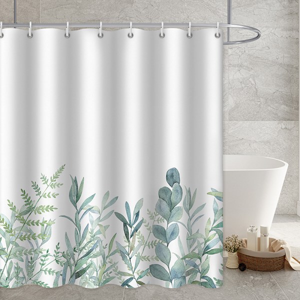 Duschdraperi gröna blad blommor växter badrum textil gardin