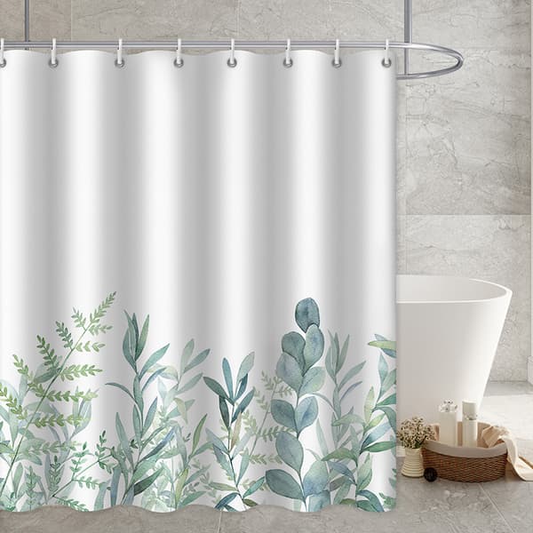Dusjforheng med grønne blader, blomster og planter - tekstil for bad