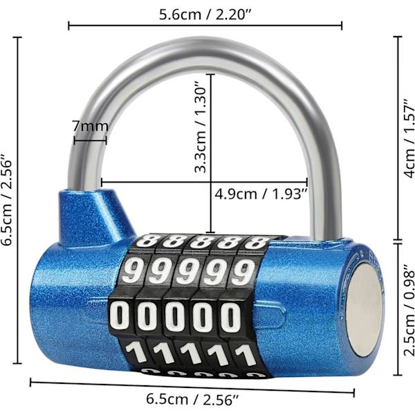 Blå 5-siffrig kodlås (2-pack) - 6,5 x 2,5 cm - Inomhus/Utomhus
