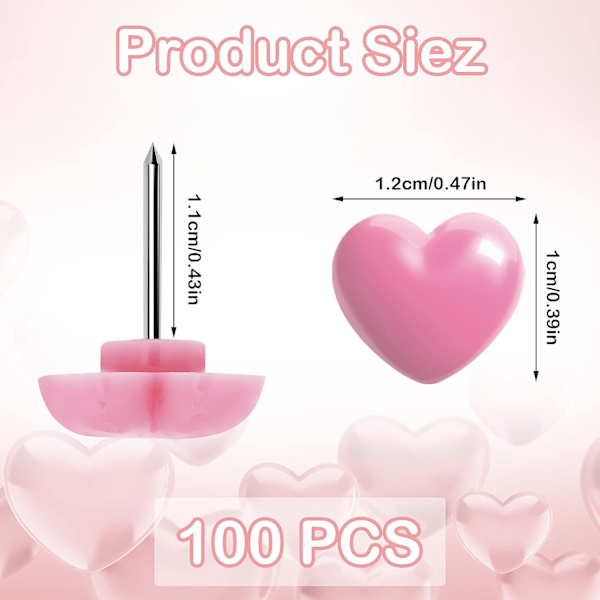 100 stk. Push Pins, 1,2 cm Søde Dekorative Tommelfinger Knapper Hjerteformet