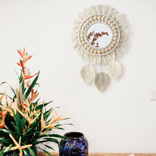 Macrame Vägg Spegel - Boho Frans Rund Handgjord Dekoration