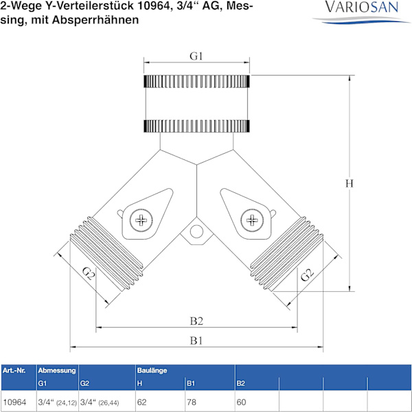 2-vejs Y-fordeler, 3/4\" han, messing, med aflukningsventiler