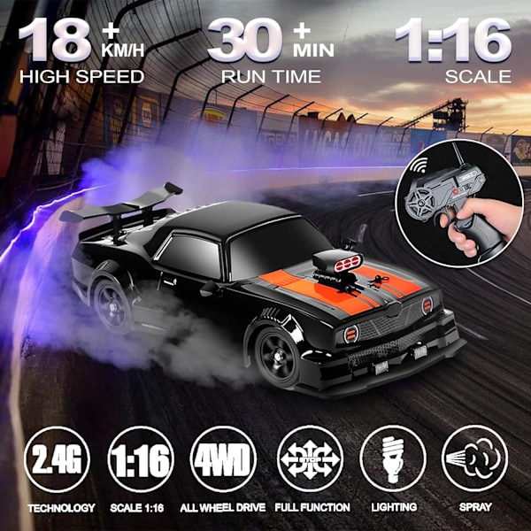 Fjernstyret Bil RC Driftbil 1:16 Skala 4WD 18KM/H Højhastighedsmodelbil 2.4GHz med LED-lys Spray Gummidek